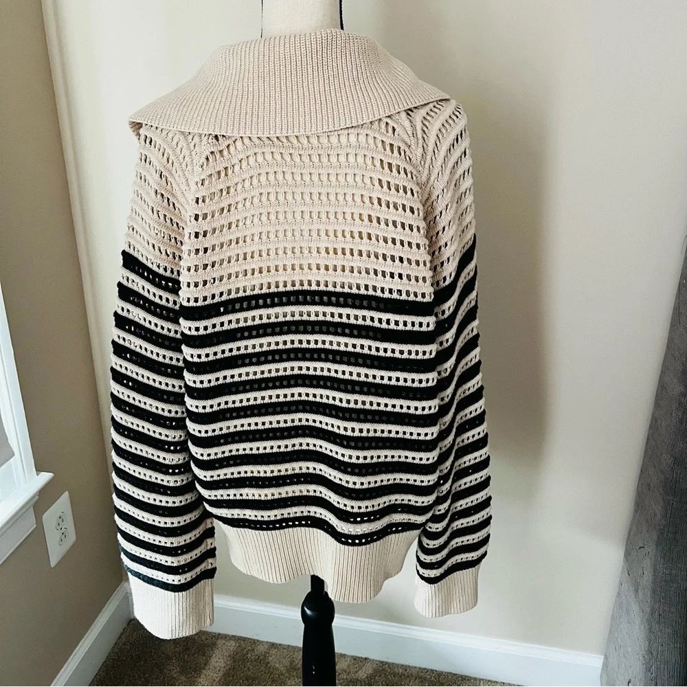 J Crew Crocheted Cream/Black Stripe Open Neck Pullover XL